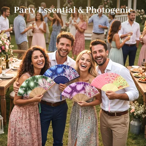 Vista 4 de JOHOUSE 4 abanicos plegables de tela floral con borla, elegantes abanicos de boda para invitados, ventilador plegable chino, ventilador de mano
