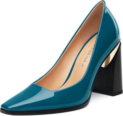 Vista 10 de Tacones altos para mujer, zapatos de vestir de tacón grueso con puntera cuadrada cerrada de patente, tacones elegantes, zapatos de vestir diarios
