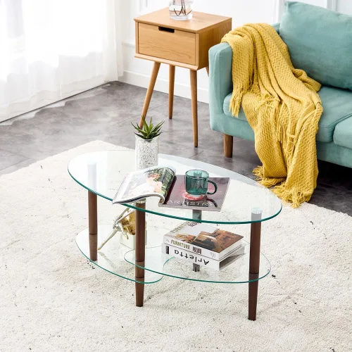 Vista 2 de Mesa de centro ovalada con almacenamiento, moderna mesa de vidrio de 3 capas para sala de estar (marrón)