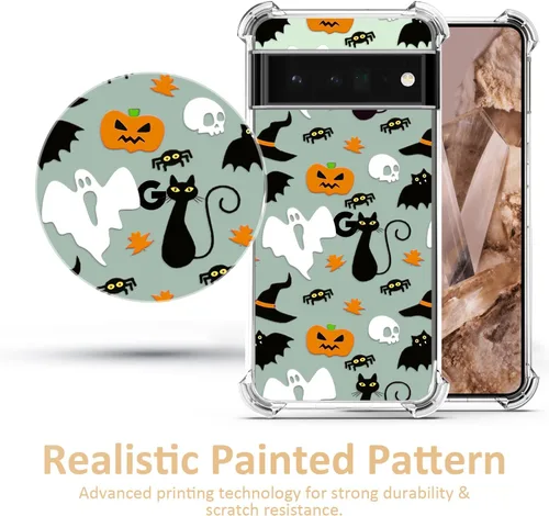 Vista 5 de Funda transparente de Halloween para Google 6a, con patrón de fantasma, funda protectora de TPU suave, delgada, a prueba de golpes, para niños