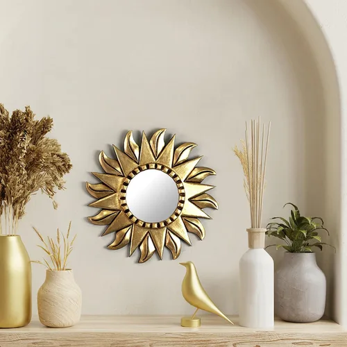 Vista 2 de NOVICA Mohena - Espejo de pared de madera y hoja de bronce, girasol, tono dorado, mediano