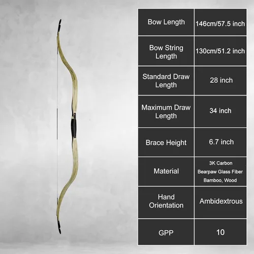 Vista 3 de AF Archery SiCai 3K WhiteIce Arco recurvo tradicional de 57 pulgadas de arco largo laminado arco largo para entusiastas del tiro con arco