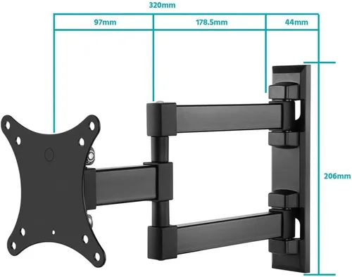 Vista 2 de Monoprice Soporte de pared para TV de movimiento completo comercial, rango de extensión extra largo de 13 pulgadas para televisores de 13 a 27