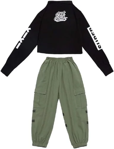 Vista 5 de LOLANTA Conjuntos de ropa para niñas, trajes de baile de jazz de manga larga, tops cortos de estilo cargo hip hop