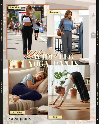 Vista 186 de Neer - Conjunto de 3 pantalones de yoga de pierna ancha para mujer - Pantalones deportivos cómodos, holgados, de cintura alta y casuales