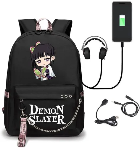 Vista 7 de SodaMeow Mochila Demon Anime Bag Kimetsu no Yaiba Nezuko Casual Mochila Slayer con puerto de carga USB, llavero gratis, B-kanao, Casual