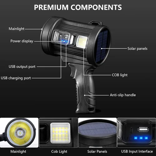 Vista 4 de MIXILIN Foco recargable, 2,000,000 lúmenes, linterna de caza de mano, luz LED con luz de mazorca y paneles solares, proyector ligero y súper