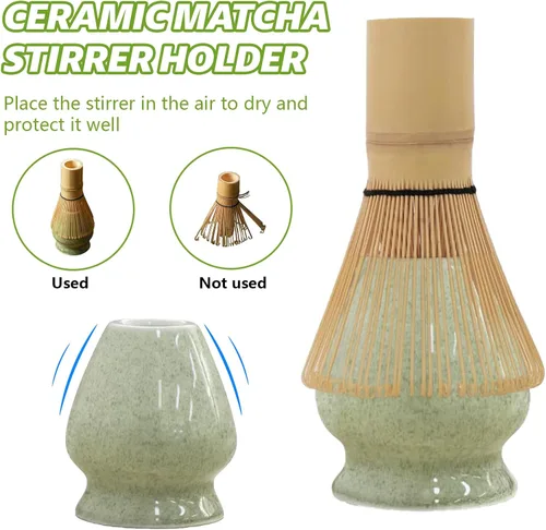 Vista 10 de Juego de batidor de matcha, cuenco de cerámica de 17 onzas con boquilla, cuchara de bambú y tamiz inoxidable, kit de 5 piezas de matcha verde jade