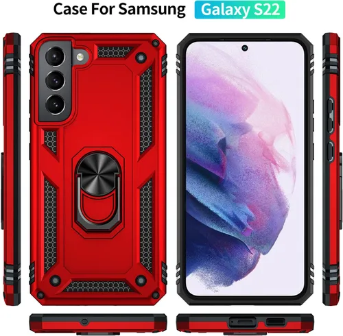 Vista 3 de Funda para Samsung Galaxy S22, Galaxy S22, con protector de pantalla, [grado militar] de 16 pies, con soporte magnético, funda protectora para Rojo