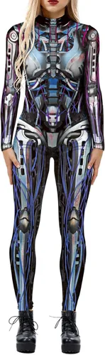 Vista 25 de Enterizo de mujer con estampado de esqueleto de robot mecánico 3D para Halloween, disfraz de cosplay