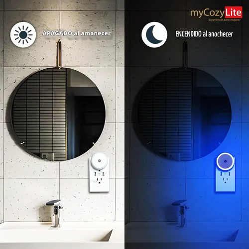 Vista 3 de Luz nocturna LED azul, enchufable, sensor inteligente del atardecer al amanecer, luz nocturna redonda pequeña, ahorro de energía, luz nocturna