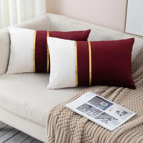 Vista 28 de ZLINA Juego de 2 fundas de almohada decorativas de terciopelo verde aguamarina y blanco con parches y cuero dorado de 16 × 16 pulgadas, fundas