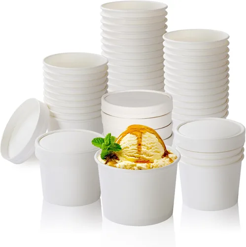 Vista 17 de Juego de 50 tazas desechables de helado blanco de 12 onzas con tapa, tazas de papel para llevar, taza de papel para llevar, recipiente de comida