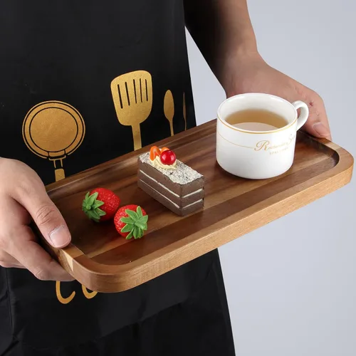 Vista 3 de 2 piezas de bandejas rectangulares de madera para alimentos, bandeja decorativa pequeña para servir, bandeja larga de charcutería, bandejas