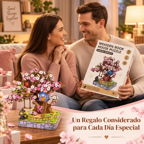 Vista 7 de Sakura Tree House Kit de casa en miniatura para adultos, rompecabezas de madera 3D con luz, juego de construcción de flor de cerezo japonés