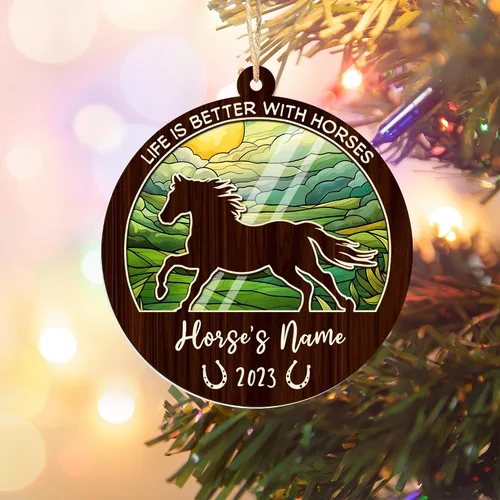 Vista 4 de Artsy Woodsy Adornos de madera para árbol de Navidad, regalos únicos para amantes de los caballos, accesorios para espejo trasero vintage de vaquero
