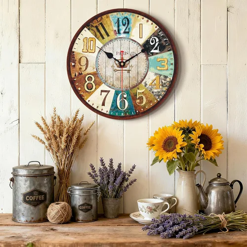 Vista 7 de VIKMARI Reloj de pared de madera de 14 pulgadas, decoración silenciosa del hogar del país francés toscano