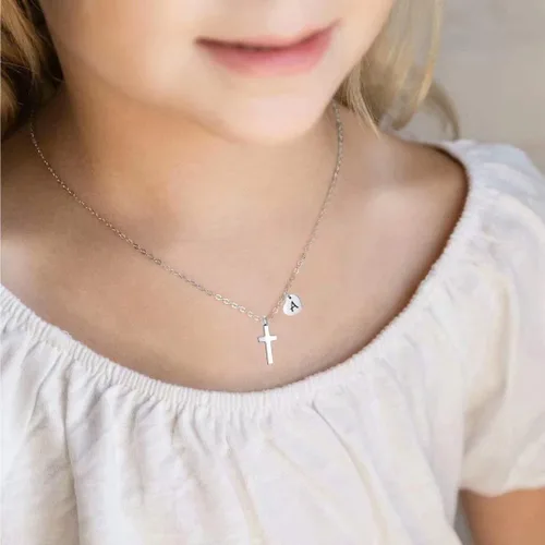 Vista 2 de Tiny Cross Necklace for Girls Heart Initial Necklace Heart Birthstone Necklace Letter Stainless Steel Pendant Jewelry First Communion Baptism