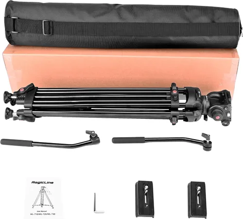 Vista 8 de MagicLine Trípode de video de aluminio de 70.9 pulgadas, soporte de trípode de cámara resistente con 2 asas y cabezal de fluido de 360° y esparcidor