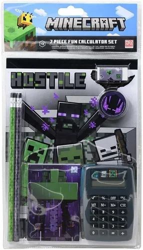 Vista 2 de Minecraft Paquete económico de suministros escolares para niños, niñas, paquete de 7 piezas con cuaderno Minecraft Notebook, calculadora, lápices