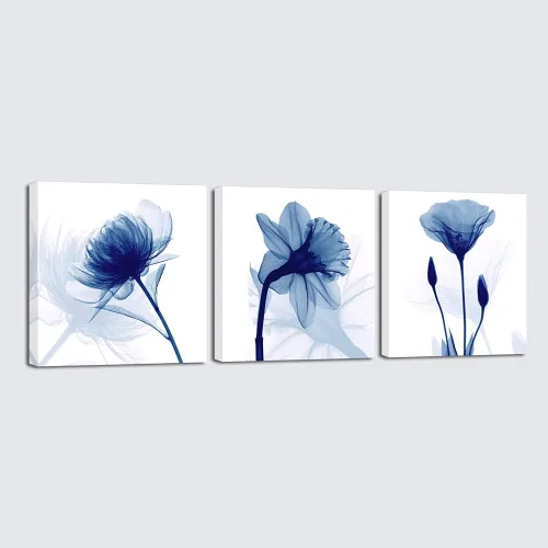 Vista 7 de Wieco Art – Flores abstractas azules enmarcadas, 3 paneles, impresiones en lienzo, arte de pared moderno, diseños artísticos para sala de estar