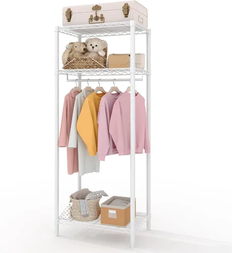 Vista 15 de Perchero de ropa resistente, perchero portátil de metal con estantes ajustables de 3 niveles, estantes de ropa independientes para colgar ropa