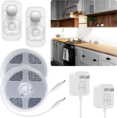 Vista 13 de Luces con sensor de movimiento para debajo del gabinete: tira de luces LED enchufables para interiores con adaptador de corriente, atenuador