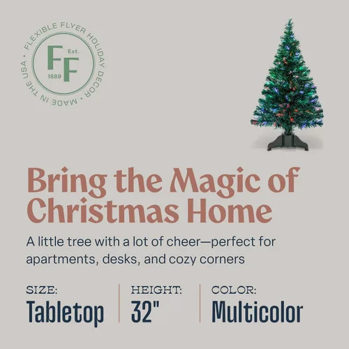 Vista 3 de Flexible Flyer Pequeño árbol de Navidad de fibra óptica. Decoración de Navidad de mesa multicolor LED preiluminada de 32 pulgadas, 2 pies y 8