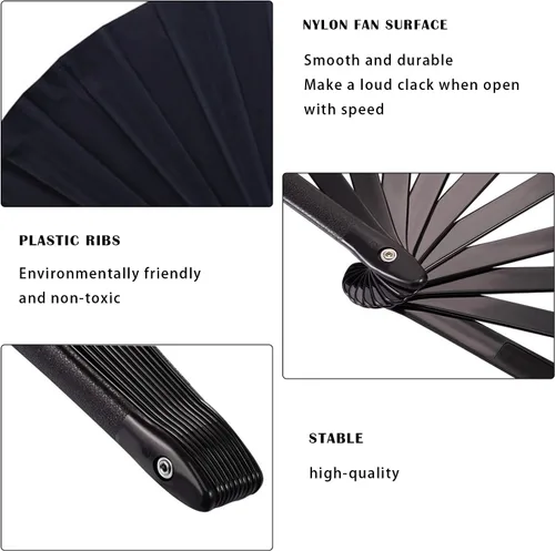Vista 3 de Abanico plegable grande para rave, ventilador chino de Kung Fu Tai Chi para hombres y mujeres, festivales de boda, decoración de fiesta de Negro
