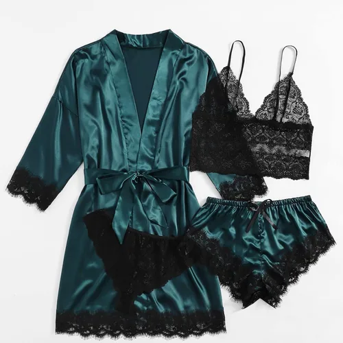 Vista 2 de Lencería de satén para mujer, conjunto de 4 pijamas de seda sexy con ribete de encaje, lencería con bata