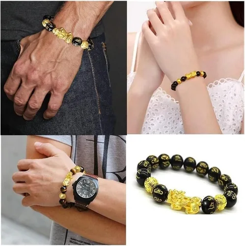 Vista 7 de Pulseras para hombre, pulsera de riqueza, pulsera de Feng Shui Pi Xiu, cuentas de piedra, obsidiana negra, para hombres y mujeres, pulsera