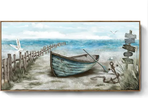 Vista 19 de Arte de pared para baño, decoración costera, barco náutico en la playa, lienzo con imagen de gaviota del océano, paisaje marino, arte de granja