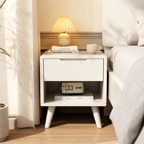 Vista 11 de Mesita de noche alta natural con 3 cajones, mesita de noche moderna de mediados de siglo con almacenamiento, mesita de noche de madera maciza