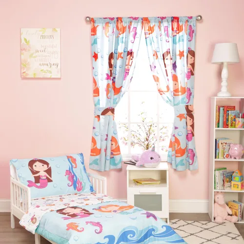 Vista 2 de Cortinas de sirena para dormitorio de niñas con caballitos de mar y estrella de mar; 4 cortinas temáticas de sirena para niños con 2 paneles de 82 x