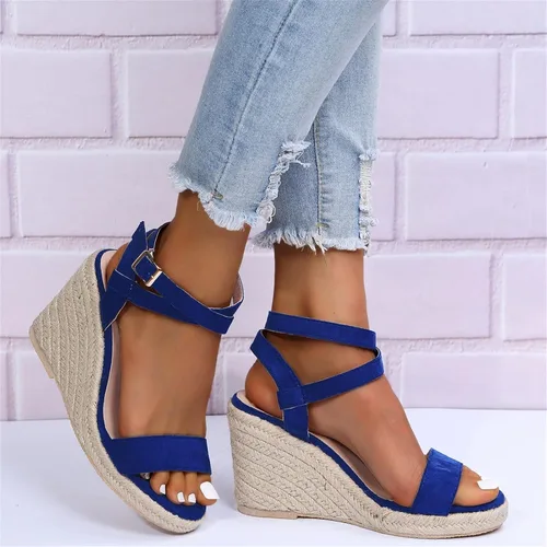 Vista 4 de Sandalias de tacón de paja para mujer, con hebilla elegante, rosa, negro, azul, marrón