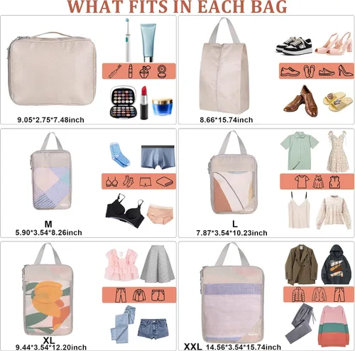 Vista 3 de kingdalux Juego de 6 cubos de compresión para maletas, bolsas organizadoras de maleta de viaje grandes con bolsa de maquillaje, organizadores