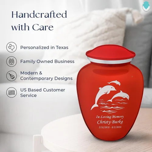 Vista 9 de Geturns Embrace - Urnas de cremación personalizadas de delfines para cenizas humanas, urna funeraria grande de color rojo brillante para mujeres