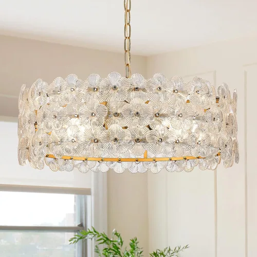 Vista 13 de Lámpara colgante de cristal dorado, paquete de 1 lámpara colgante de techo pequeña con flores modernas, 1 luz para cocina, isla, fregadero, comedor