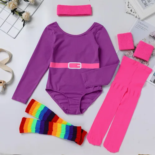 Vista 4 de AFAVOM Disfraz de entrenamiento para niñas de los años 80 para niños, disfraz de Halloween, cosplay, leotardo de manga larga, leggings y diadema