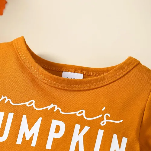 Vista 3 de Noubeau Toddler Baby Girls Halloween Outfits Letter Print Flare Sleeve Dress Shirt Cute Pumpkin Bell-Bottoms Pants Scarf