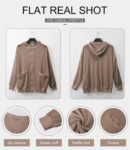 Vista 5 de Chaqueta de punto gofre para mujer, con cremallera, de gran tamaño, para otoño, con bolsillo