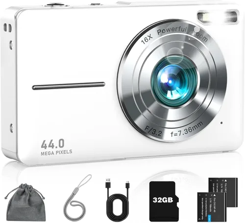 Vista 8 de Cámara digital, FHD 1080P - Cámara de apuntar y disparar con zoom de 16X, tarjeta de 32 GB, pequeña cámara de video compacta regalo para niños