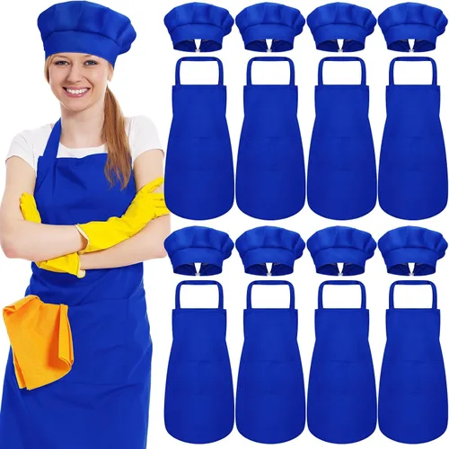 Vista 9 de SATINIOR Juego de 8 delantales de chef, sombrero de chef ajustable y delantal con bolsillos para adultos, mujeres y hombres cocineros