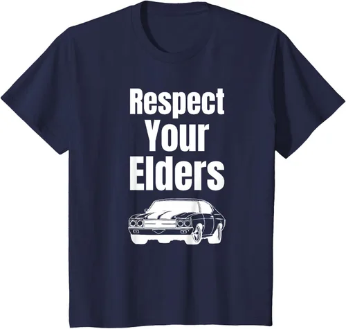Vista 49 de Divertido regalo de auto para chicos – Respect Your Elders Classic Muscle Car Camiseta, Negro, S