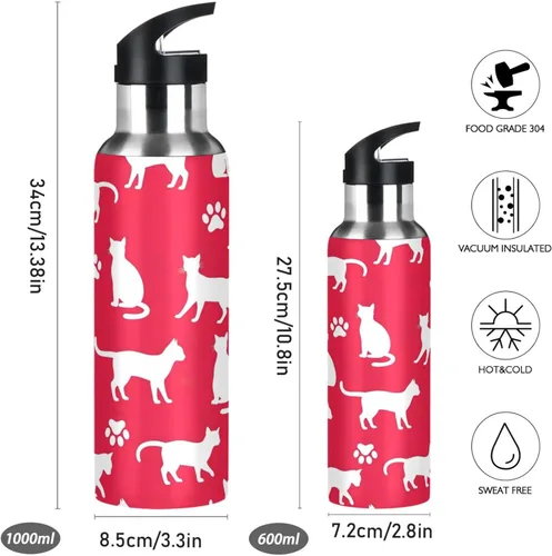 Vista 2 de Insulated Stainless Steel Water Bottle with Straw 32 Oz, Leakproof Water Bottles for Gym Outdoor Travel School, White Cat Paw Prints Red