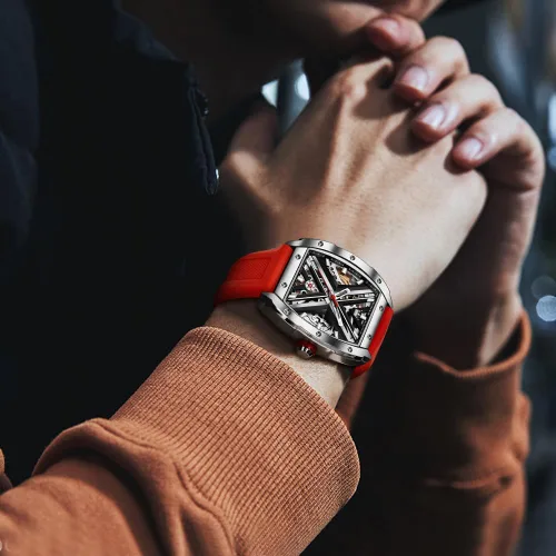 Vista 3 de OLEVS Tonneau - Relojes automáticos de esqueleto para hombre, de lujo, elegante, con banda de silicona, impermeable, luminoso, relojes de pulsera