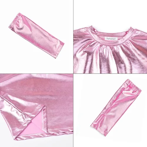 Vista 6 de Perfashion Camisas metálicas para niñas con mangas de brazo, top corto brillante para baile, raves, festivales, disfraces de 4 a 15 años