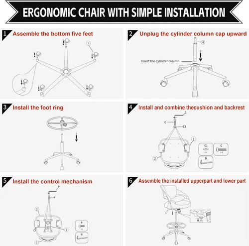 Vista 7 de Silla de dibujo ergonómica,Silla de escritorio de computadora de pie,Anillo de pie, Soporte lumbar,Silla giratoria para tareas,Negro