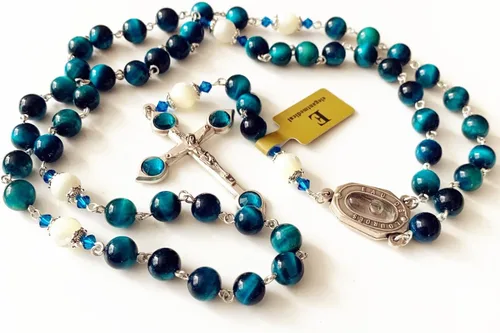 Vista 4 de elegantmedical HECHO A MANO CUENTAS DE OJO DE TIGRE CATÓLICO ROSARIO CRUCIFIJO COLLAR Lourdes Medalla de agua