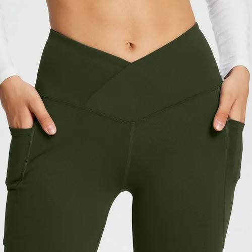 Vista 5 de Leggings acampanados cruzados para mujer, cintura alta, corte en V, corte de bota, pantalones de yoga acampanados con bolsillos
